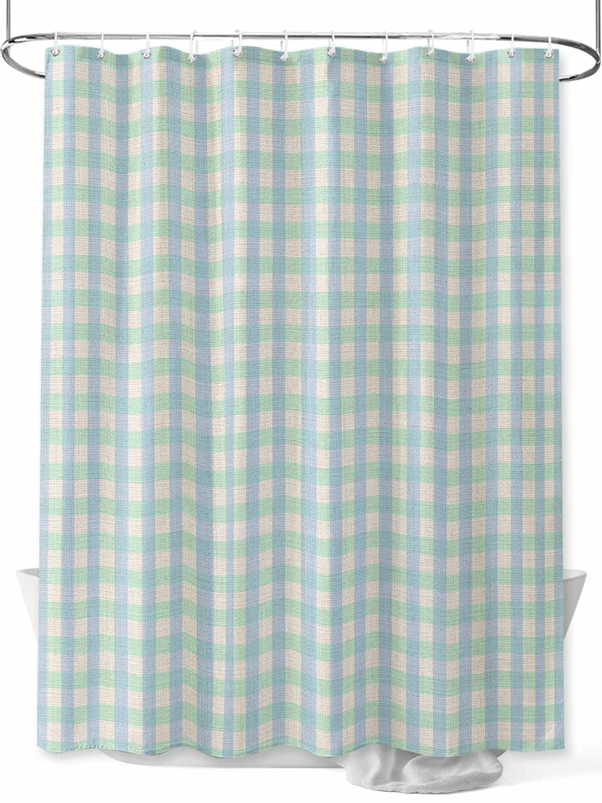 Fsddascl Blue Green Shower Curtain Set - Small 36" x 72" Washable Bathtub Curtain with 12 Hooks, Grid Checkered Plaid Gingham Lattice Trellis Waterproof Fabric Stall Shower Curtains for Bathroom