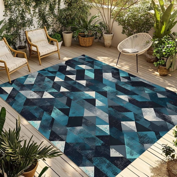 Fsddascl Blue Grey Abstract Art Outdoor Rug for Patio/Deck/Porch, Non-Slip Large Area Rug 5 x 8 Ft, Modern Art Geometric Indoor Outdoor Rugs Washable Area Rugs, Reversible Camping Rug Carpet Runner