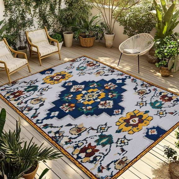 Fsddascl Blue Grey Boho Outdoor Rug for Patio/Deck/Porch, Non-Slip Large Area Rug 4 x 6 Ft, Retro Traditional Oriental Boho Tribal Indoor Outdoor Rugs Washable Area Rugs, Camping Rug Carpet