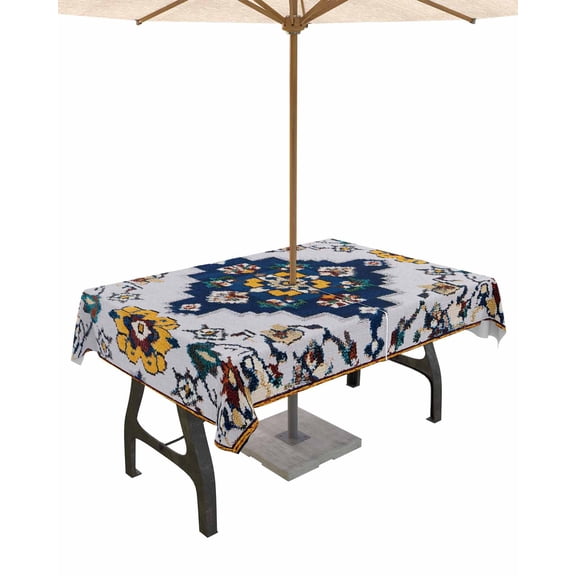 Fsddascl Blue Grey Boho Outdoor Tablecloth - 52x70 Inch Rectangle Dining Table Cover, Retro Traditional Oriental Boho Tribal Waterproof Outdoor Table Cloth with Umbrella Hole & Zipper for Patio
