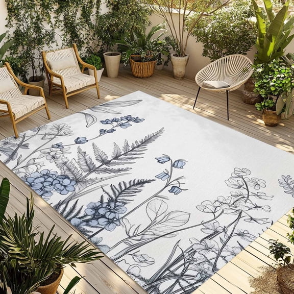 Fsddascl Blue Grey Floral Leaves Outdoor Rug for Patio/Deck/Porch, Non-Slip Large Area Rug 5 x 8 Ft, Watercolor Flowers Indoor Outdoor Rugs Washable Area Rugs, Reversible Camping Rug Carpet Runner