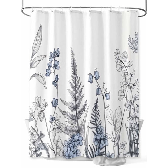 Fsddascl Blue Grey Floral Leaves Shower Curtain Set - 66" x 72" Washable Bathtub Curtain with 12 Hooks, Watercolor Flowers Waterproof Fabric Stall Shower Curtains for Bathroom/Bathtub Décor