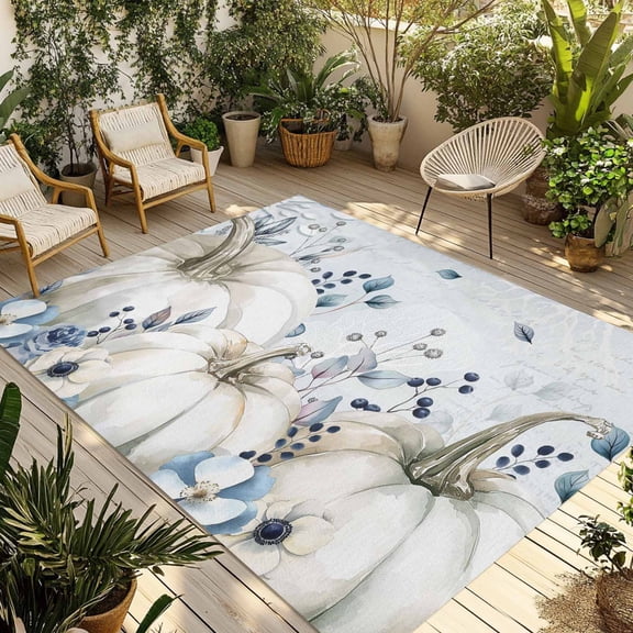 Fsddascl Blue Grey Pumpkins Fall Outdoor Rug for Patio/Deck/Porch, Non-Slip Large Area Rug 5 x 8 Ft, Thanksgiving Botanical Indoor Outdoor Rugs Washable Area Rugs, Camping Rug Carpet Runner