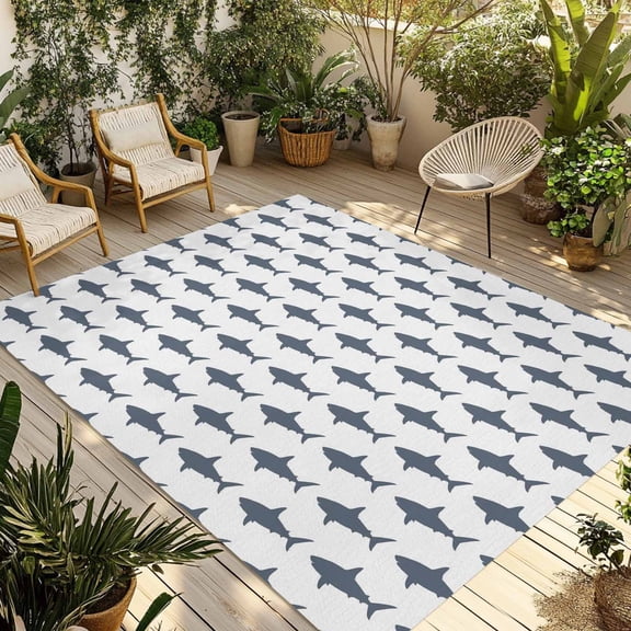 Fsddascl Blue Grey Sharks Outdoor Rug for Patio/Deck/Porch, Non-Slip Large Area Rug 4 x 6 Ft, Modern Coastal Ocean Animals Indoor Outdoor Rugs Washable Area Rugs, Reversible Camping Rug Carpet Runner