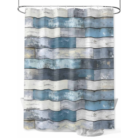Fsddascl Blue Grey Wooden Shower Curtain Set - 36" x 78" Washable Bathtub Curtain with 12 Hooks, Farmhouse Vintage Cabin Stripes Waterproof Fabric Stall Shower Curtains for Bathroom/Bathtub Décor