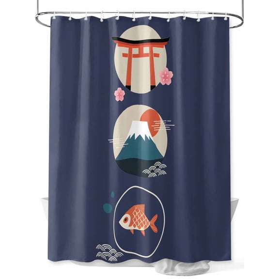 Fsddascl Blue Japanese Shower Curtain Set - Small 36" x 72" Washable Bathtub Curtain with 12 Hooks, Harmony Cherry Mount Fuji Cartoon Wave Fish Waterproof Fabric Stall Shower Curtains for Bathroom