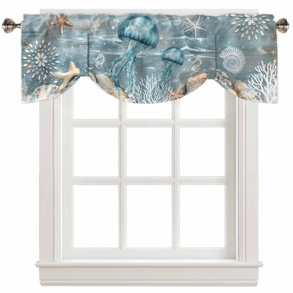 Fsddascl Blue Jellyfish Coastal Tie Up Valance Curtains for Windows, Kitchen Curtains Window Treatments, Summer Beach Nautical Starfish Coral Short Window Shades Valances for Bedroom Bathroom 42"x12"