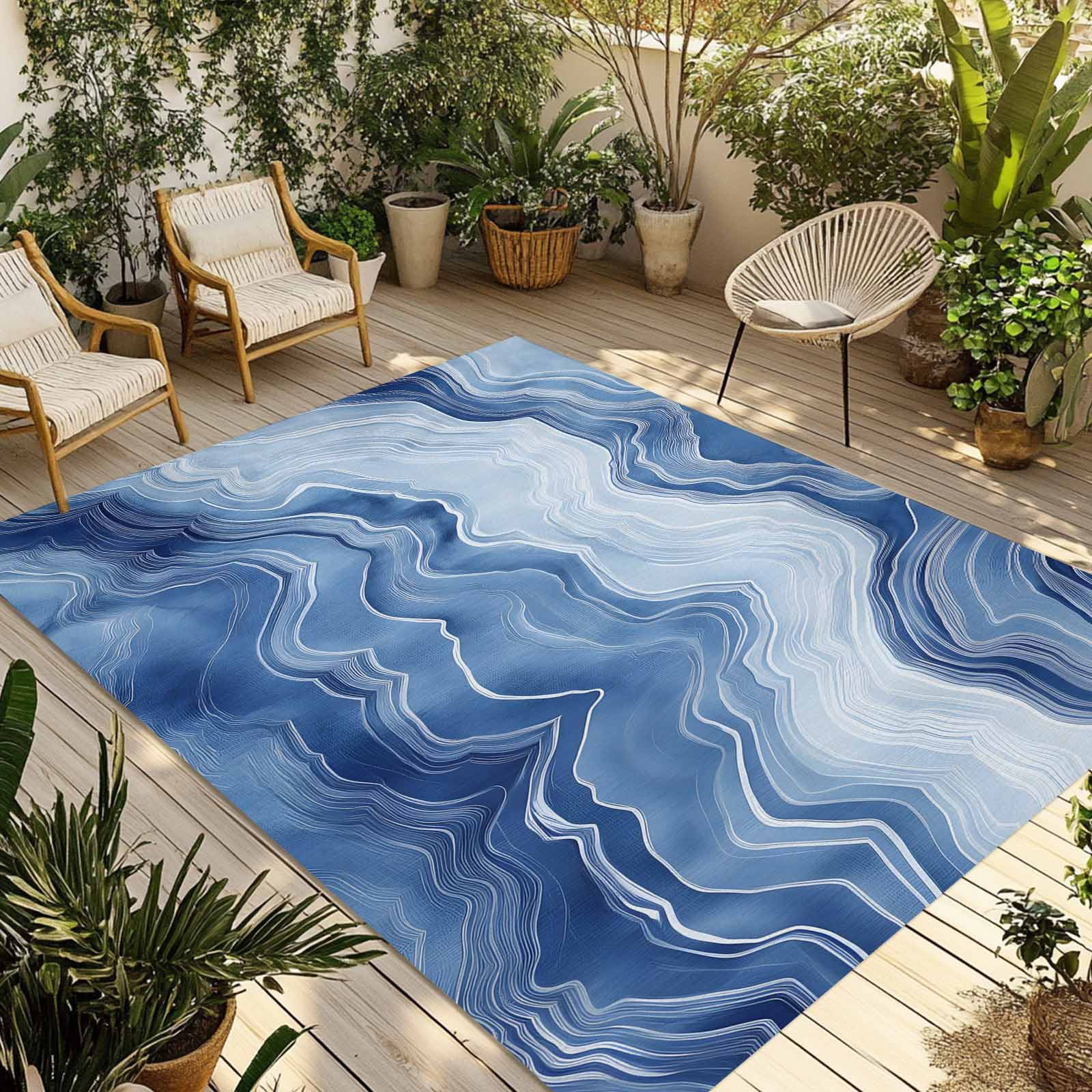 Fsddascl Blue Marble Outdoor Rug for Patio/Deck/Porch, Non-Slip Large ...