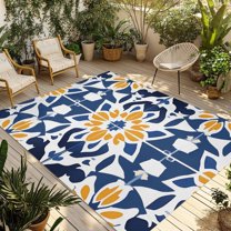 Fsddascl Blue Morocco Outdoor Rug for Patio/Deck/Porch, Non-Slip Large Area Rug 4 x 6 Ft, Boho Geometric Antique Oriental Pattern Indoor Outdoor Rugs Washable Area Rugs, Camping Rug Carpet
