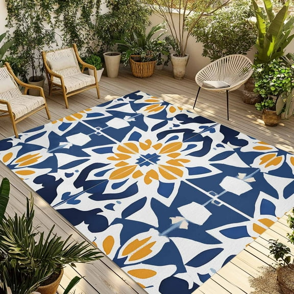Fsddascl Blue Morocco Outdoor Rug for Patio/Deck/Porch, Non-Slip Large Area Rug 4 x 6 Ft, Boho Geometric Antique Oriental Pattern Indoor Outdoor Rugs Washable Area Rugs, Camping Rug Carpet