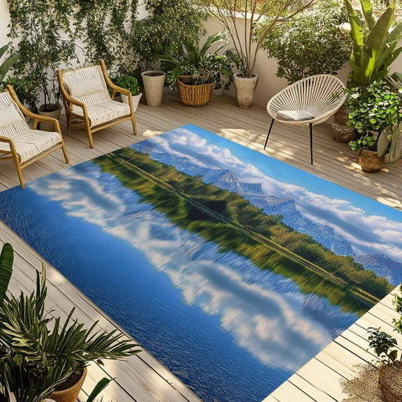 Fsddascl Blue Mountain Outdoor Rug for Patio/Deck/Porch, Non-Slip Large Area Rug 4 x 6 Ft, Modern Art Green Forest Lake Indoor Outdoor Rugs Washable Area Rugs, Reversible Camping Rug Carpet Runner