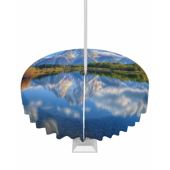 Fsddascl Blue Mountain Outdoor Tablecloth - 60 Inch Round Dining Table Cover, Modern Art Green Forest Lake Waterproof Outdoor Table Cloth with Umbrella Hole & Zipper for Picnic/Patio/Party