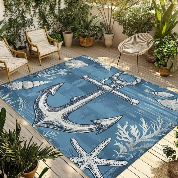 Fsddascl Blue Nautical Anchor Outdoor Rug for Patio/Deck/Porch, Non-Slip Large Area Rug 5 x 8 Ft, Summer Coastal Ocean Coral Indoor Outdoor Rugs Washable Area Rugs, Reversible Camping Rug Carpet