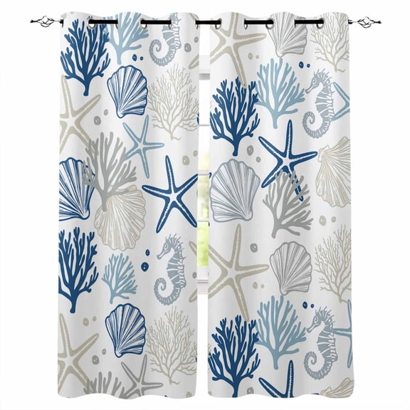 Fsddascl Blue Ocean Blackout Curtains for Bedroom/Living Room, Thermal Insulated Kitchen Curtains, Coastal Sage Green Starfish Shell Seahorse Grommet Darkening Window Treatment Drapes 52"x54"x2