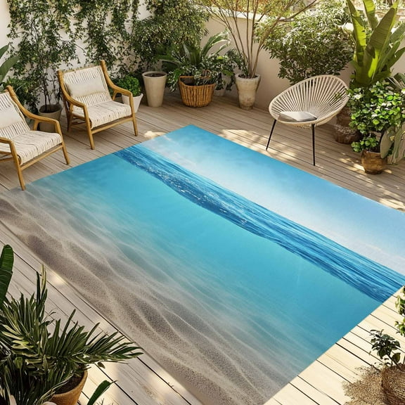 Fsddascl Blue Ocean Outdoor Rug for Patio/Deck/Porch, Non-Slip Large Area Rug 5 x 8 Ft, Summer Beach Sky Waves Sandy Underwater Indoor Outdoor Rugs Washable Area Rugs, Reversible Camping Rug Carpet