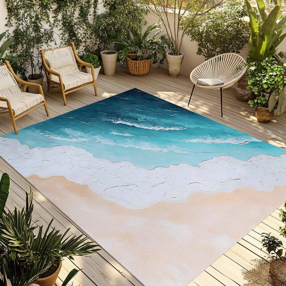 Fsddascl Blue Ocean Outdoor Rug for Patio/Deck/Porch, Non-Slip Large Area Rug 5 x 8 Ft, Summer Ombre Beach Waves Coastal Indoor Outdoor Rugs Washable Area Rugs, Reversible Camping Rug Carpet Runner