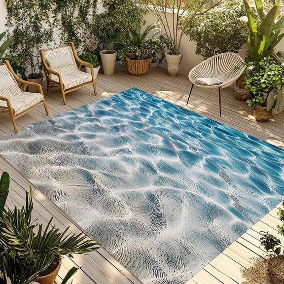 Fsddascl Blue Ocean Outdoor Rug for Patio/Deck/Porch, Non-Slip Large Area Rug 5 x 8 Ft, Summer Water Ripple Sea Waves Texture Indoor Outdoor Rugs Washable Area Rugs, Reversible Camping Rug Carpet