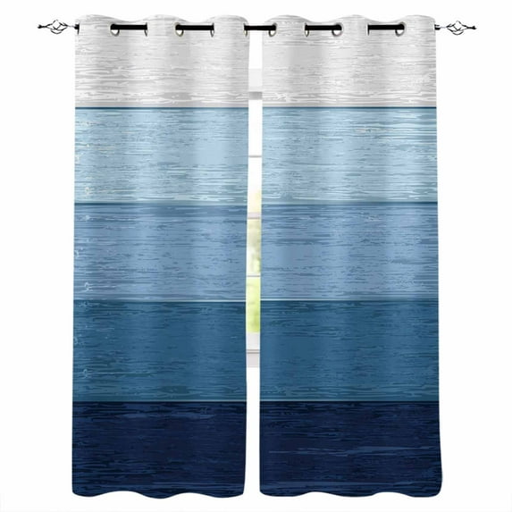 Fsddascl Blue Ombre Blackout Curtains for Bedroom/Living Room, Thermal Insulated Kitchen Curtains, Farmhouse Vintage Wooden Striped Grommet Darkening Window Treatment Drapes 42"x45"x2
