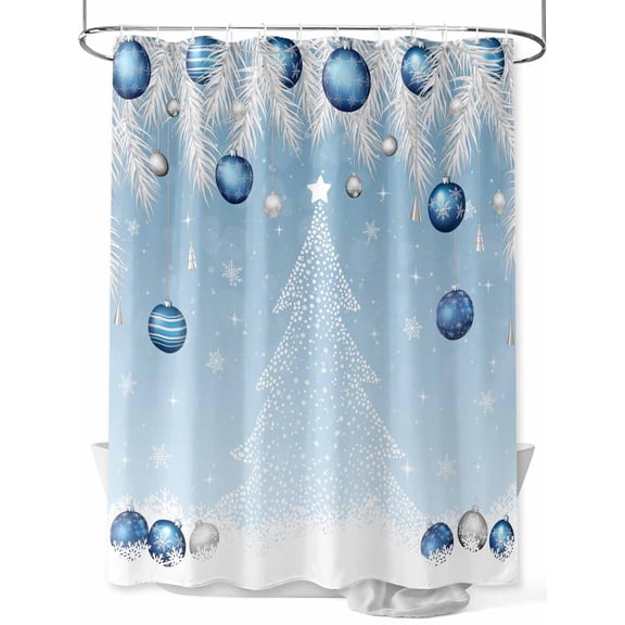 Fsddascl Blue Ombre Christmas Tree Shower Curtain Set - Extra Long 72" x 96" Washable Bathtub Curtain with 12 Hooks, Xmas Balls Pine Needles Snowflake Waterproof Fabric Shower Curtains for Bathroom