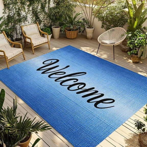 Fsddascl Blue Ombre Outdoor Rug for Patio/Deck/Porch, Non-Slip Large Area Rug 5 x 8 Ft, Summer Vintage Texture Painting Indoor Outdoor Rugs Washable Area Rugs, Reversible Camping Rug Carpet Runner