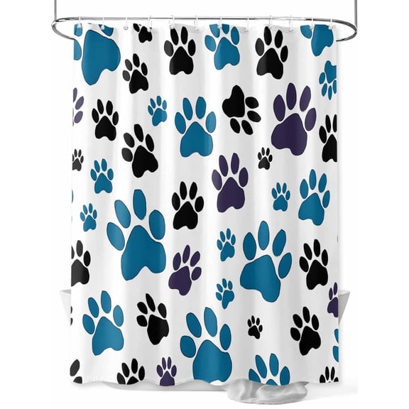 Fsddascl Blue Paw Print Shower Curtain Set - Long 72" x 84" Washable Bathtub Curtain with 12 Hooks, Black Animals Cat Dog Colored Cartoon Waterproof Fabric Stall Shower Curtains for Bathroom/Bathtub