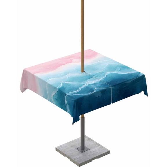 Fsddascl Blue Pink Coastal Outdoor Tablecloth - 54x54 Inch Square Dining Table Cover, Summer Beach Nautical Seaside Waterproof Outdoor Table Cloth with Umbrella Hole & Zipper for Picnic/Patio/Party