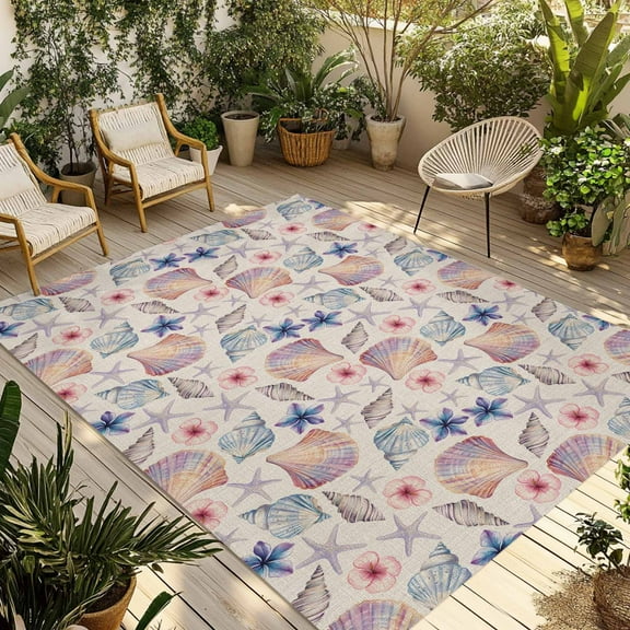 Fsddascl Blue Pink Conch Outdoor Rug for Patio/Deck/Porch, Non-Slip Large Area Rug 4 x 6 Ft, Beige Retro Coastal Beach Shell Starfish Indoor Outdoor Rugs Washable Area Rugs, Camping Rug Carpet