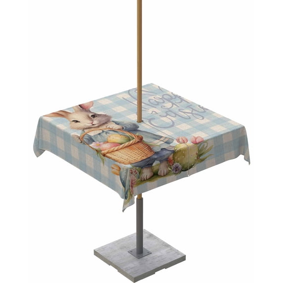 Fsddascl Blue Plaid Bunny Easter Outdoor Tablecloth - 54x54 Inch Square Dining Table Cover, Colorful Eggs Spring Floral Waterproof Outdoor Table Cloth with Umbrella Hole & Zipper for Picnic/Patio