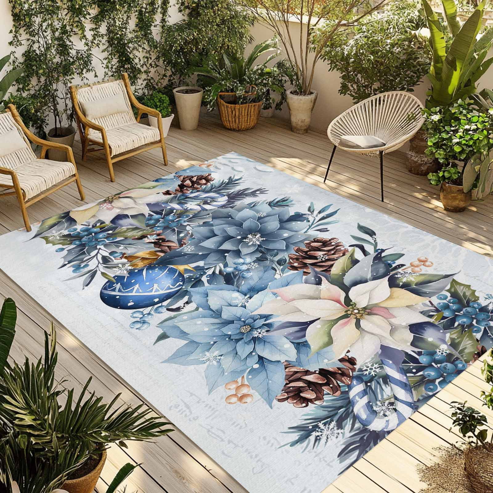 Fsddascl Blue Poinsettia Christmas Outdoor Rug for Patio/Deck/Porch, Non-Slip Large Area Rug 4 x 6 Ft, Xmas Botanical Balls Snowflake Indoor Outdoor Rugs Washable Area Rugs, Camping Rug Carpet Runner