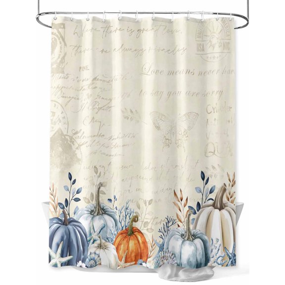 Fsddascl Blue Pumpkins Fall Shower Curtain Set - 72" x 78" Washable Bathtub Curtain with 12 Hooks, Thanksgiving Coastal Summer Botanical Waterproof Fabric Stall Shower Curtains for Bathroom/Bathtub