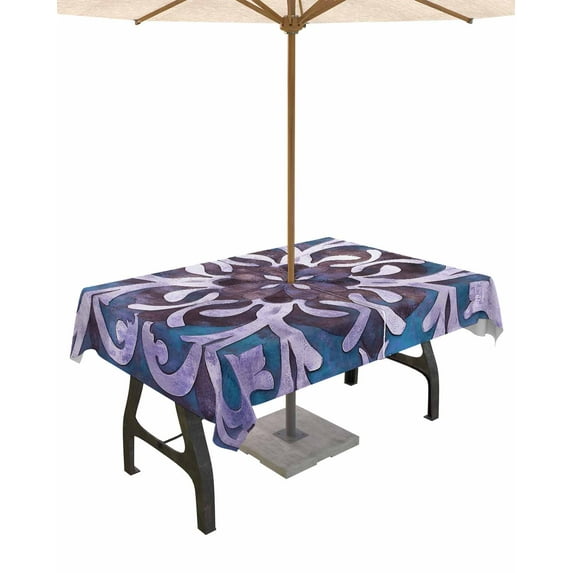 Fsddascl Blue Purple Ethnic Outdoor Tablecloth - 60x84 Inch Rectangle Dining Table Cover, Rustic Boho Flowers Impressionist Waterproof Outdoor Table Cloth with Umbrella Hole & Zipper for Patio