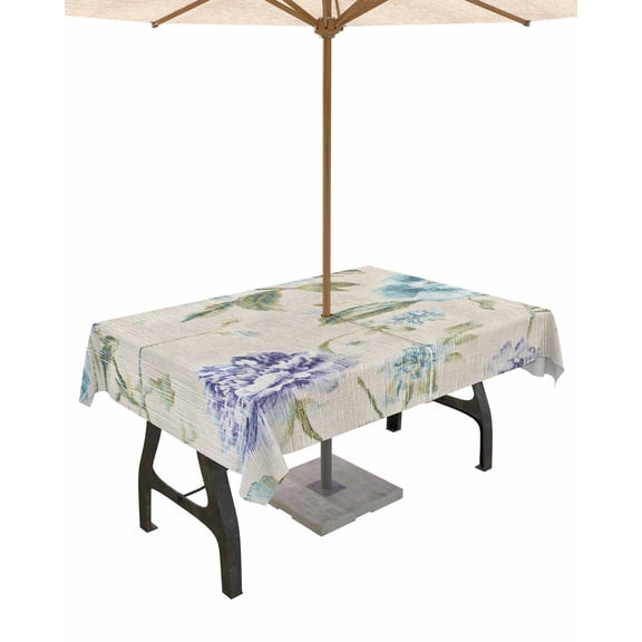Fsddascl Blue Purple Flowers Outdoor Tablecloth - 52x70 Inch Rectangle Dining Table Cover, Retro Floral Burlap Texture Waterproof Outdoor Table Cloth with Umbrella Hole & Zipper for Picnic/Patio