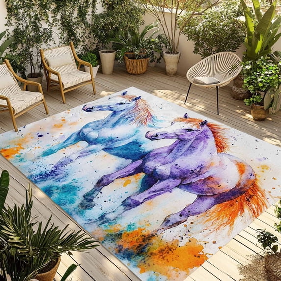 Fsddascl Blue Purple Horse Print Outdoor Rug for Patio/Deck/Porch, Non-Slip Large Area Rug 5 x 8 Ft, Abstract Watercolor Animals Indoor Outdoor Rugs Washable Area Rugs, Reversible Camping Rug Carpet