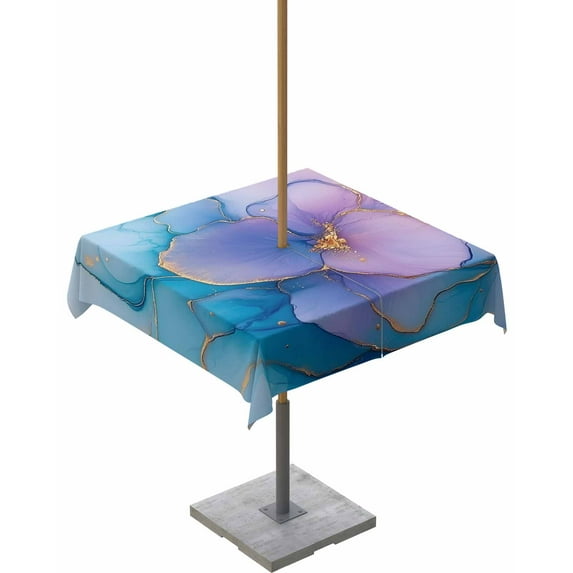 Fsddascl Blue Purple Pink Floral Marble Outdoor Tablecloth - 60x60 Inch Square Dining Table Cover, Contemporary Abstract Art Waterproof Outdoor Table Cloth with Umbrella Hole & Zipper for Patio