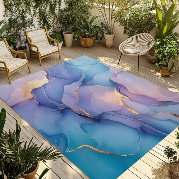 Fsddascl Blue Purple Pink Outdoor Rug for Patio/Deck/Porch, Non-Slip Large Area Rug 4 x 6 Ft, Luxury Marble Modern Abstract Art Indoor Outdoor Rugs Washable Area Rugs, Reversible Camping Rug Carpet