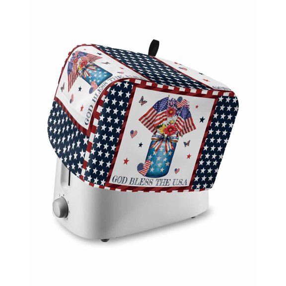 Fsddascl Blue Red 4th of July Small Toaster Cover 2 Slice, Kitchen Appliance Covers, Independence Day Star Love Heart Toaster Oven Cover with Loop, Bread Machine Cover Polyester Dust Cover