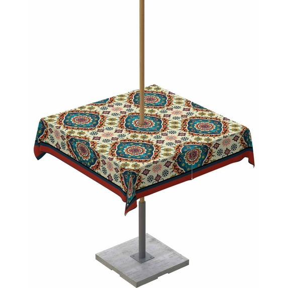 Fsddascl Blue Red Boho Outdoor Tablecloth - 54x54 Inch Square Dining Table Cover, Abstract Ethnic Vintage Geometric Waterproof Outdoor Table Cloth with Umbrella Hole & Zipper for Picnic/Patio/Party