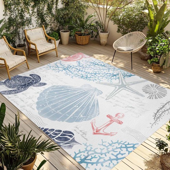 Fsddascl Blue Red Coastal Nautical Outdoor Rug for Patio/Deck, Non-Slip Large Area Rug 4 x 6 Ft, Beach Sea Turtle Ocean Coral Starfish Indoor Outdoor Rugs Washable Area Rugs, Camping Rug Carpet