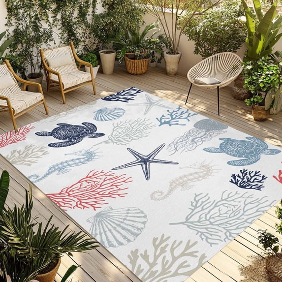 Fsddascl Blue Red Coastal Outdoor Rug for Patio/Deck, Non-Slip Large Area Rug 4 x 6 Ft, Nautical Summer Beach Coral Sea Turtle Indoor Outdoor Rugs Washable Area Rugs, Reversible Camping Rug Carpet