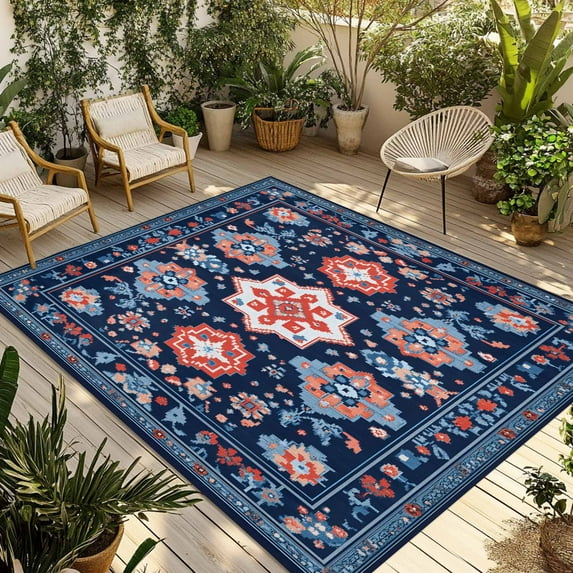 Fsddascl Blue Red Geometric Outdoor Rug for Patio/Deck/Porch, Non-Slip Large Area Rug 6 x 9 Ft, Ethnic Vintage Southwest Indoor Outdoor Rugs Washable Area Rugs, Reversible Camping Rug Carpet Runner