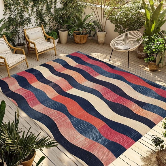 Fsddascl Blue Red Moire Outdoor Rug for Patio/Deck/Porch, Non-Slip Large Area Rug 4 x 6 Ft, Color Block Modern Minimalist Indoor Outdoor Rugs Washable Area Rugs, Reversible Camping Rug Carpet Runner
