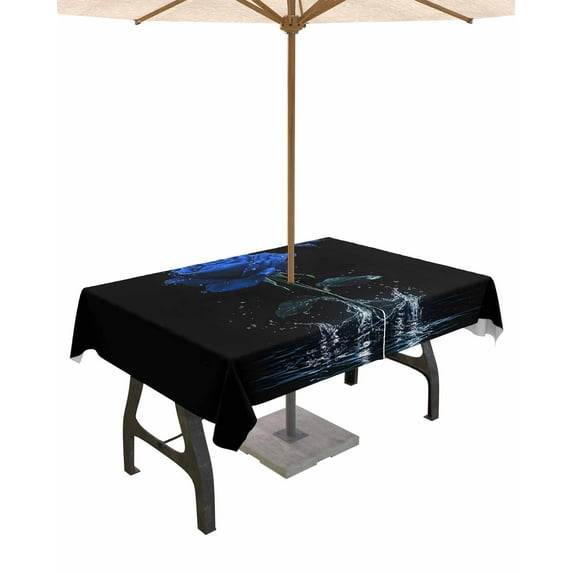 Fsddascl Blue Roses Outdoor Tablecloth - 60x84 Inch Rectangle Dining Table Cover, Modern Art Splash Flowers Butterfly Waterproof Outdoor Table Cloth with Umbrella Hole & Zipper for Picnic/Patio