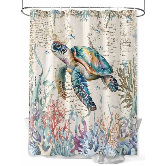 Fsddascl Blue Sea Turtle Coastal Shower Curtain Set - Long 72" x 84" Washable Bathtub Curtain with 12 Hooks, Vintage Summer Beach Coral Ocean Waterproof Fabric Stall Shower Curtains for Bathroom