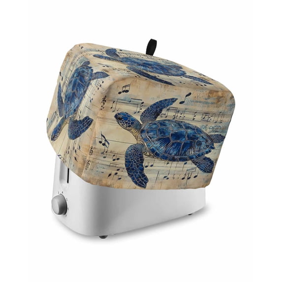 Fsddascl Blue Sea Turtle Toaster Cover 4 Slice, Large Kitchen Appliance Covers, Vintage Coastal Sheet Music Toaster Oven Cover with Loop, Bread Machine Cover Polyester Dust Cover Protection