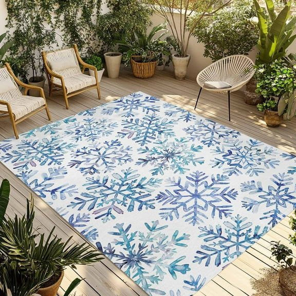 Fsddascl Blue Snowflake Christmas Outdoor Rug for Patio/Deck/Porch, Non-Slip Large Area Rug 4 x 6 Ft, Xmas Winter Snowflake Indoor Outdoor Rugs Washable Area Rugs, Reversible Camping Rug Carpet