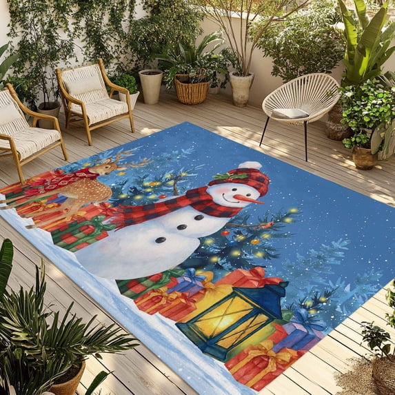 Fsddascl Blue Snowman Christmas Outdoor Rug for Patio/Deck/Porch, Non-Slip Large Area Rug 4 x 6 Ft, Xmas Tree Snowflake Elk Gifts Indoor Outdoor Rugs Washable Area Rugs, Camping Rug Carpet Runner