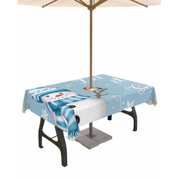 Fsddascl Blue Snowman Christmas Outdoor Tablecloth - 52x70 Inch Rectangle Dining Table Cover, Xmas Snowflake Birds Waterproof Outdoor Table Cloth with Umbrella Hole & Zipper for Picnic/Patio/Party