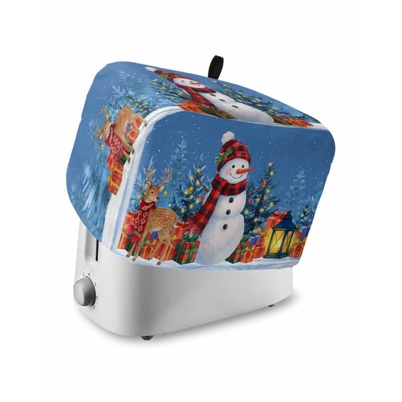 Fsddascl Blue Snowman Christmas Toaster Cover 4 Slice, Large Kitchen Appliance Covers, Xmas Tree Snowflake Elk Gifts Toaster Oven Cover with Loop, Bread Machine Cover Polyester Dust Cover Protection