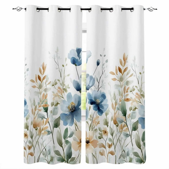 Fsddascl Blue Spring Floral Blackout Curtains for Bedroom/Living Room, Thermal Insulated Kitchen Curtains, Watercolor Blooming Summer Botanical Grommet Darkening Window Treatment Drapes 52"x72"x2