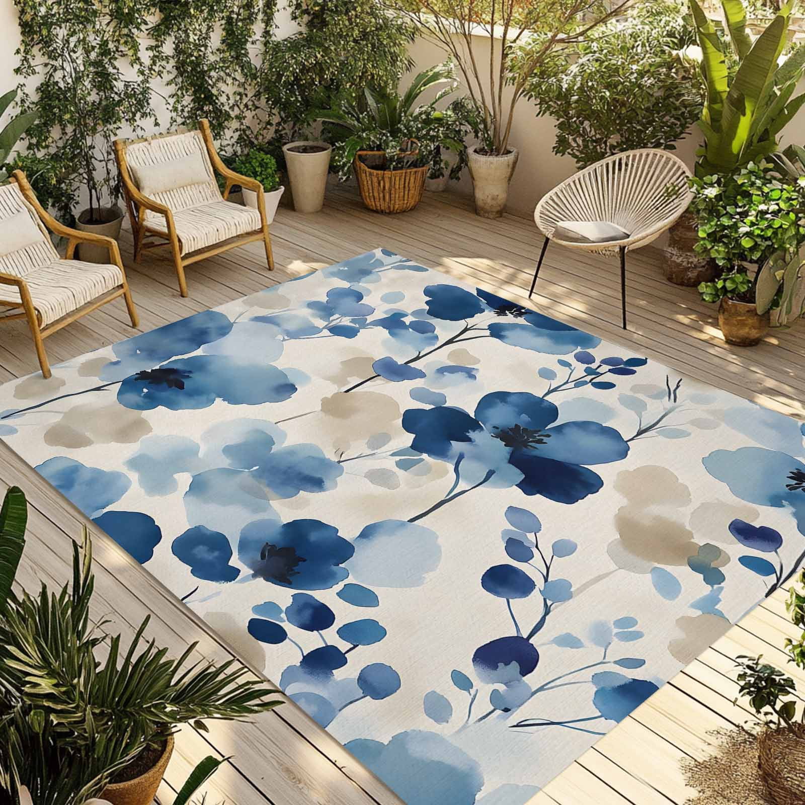 Fsddascl Blue Spring Floral Outdoor Rug for Patio/Deck/Porch, Non-Slip ...